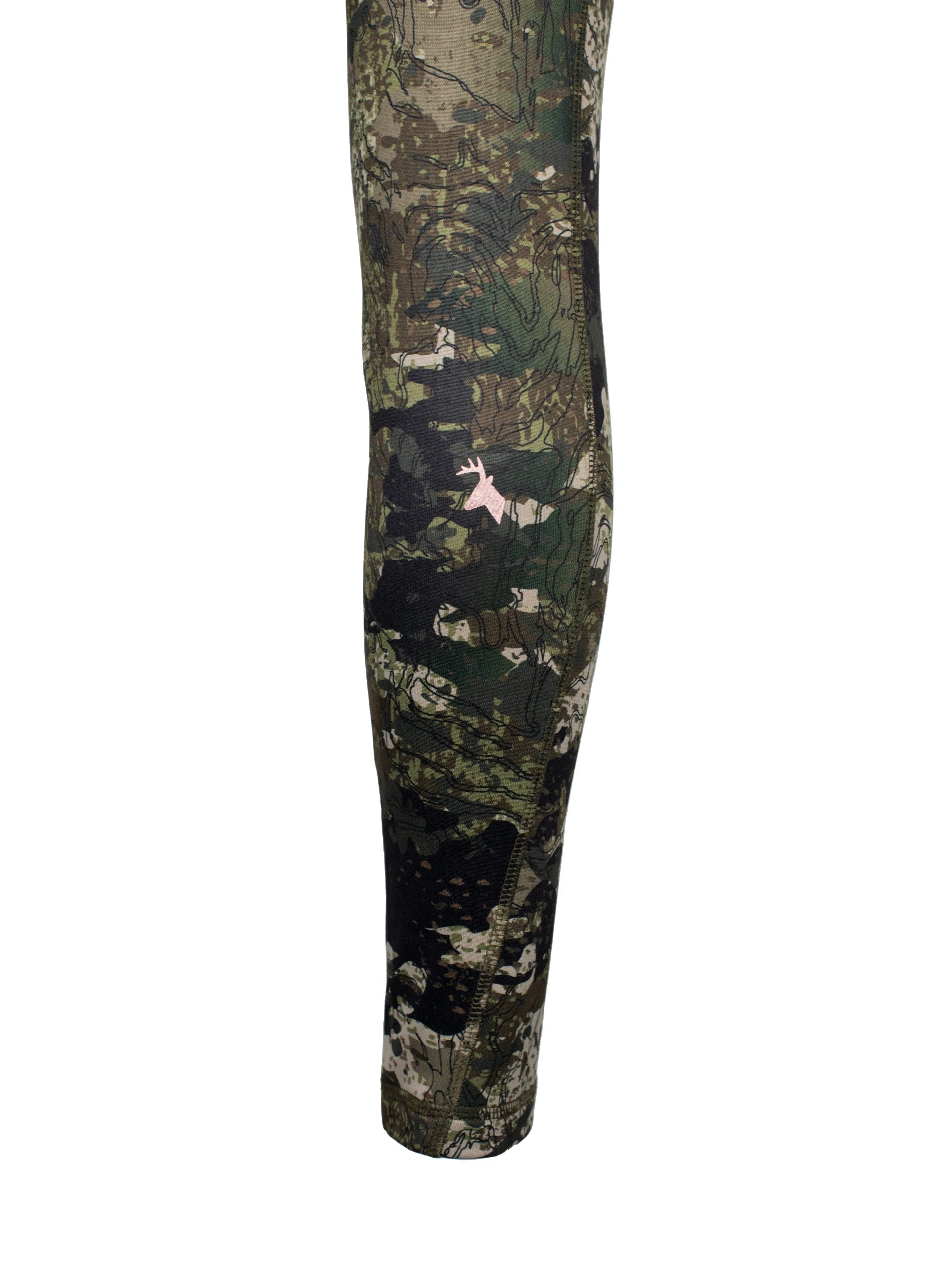 Close up of back of calf with Huntech stags head logo on kakariki camo pattern leggings.