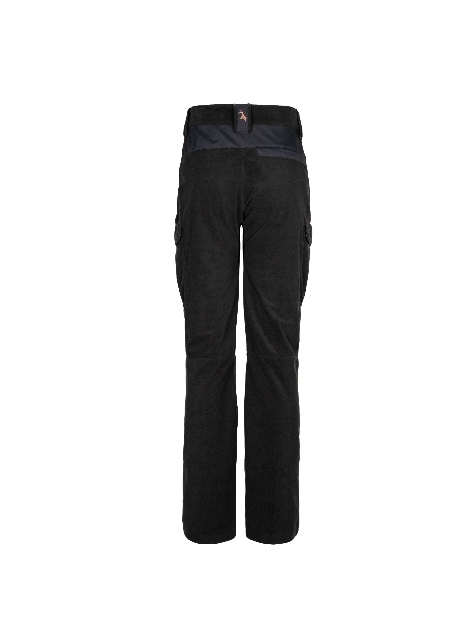 Back view of women’s mid-weight pants in a brushed tricot, with a flexible spandex crutch, a reinforced Oxford knee and internal waist adjustment system. Shown in black, this product ships from Australia.