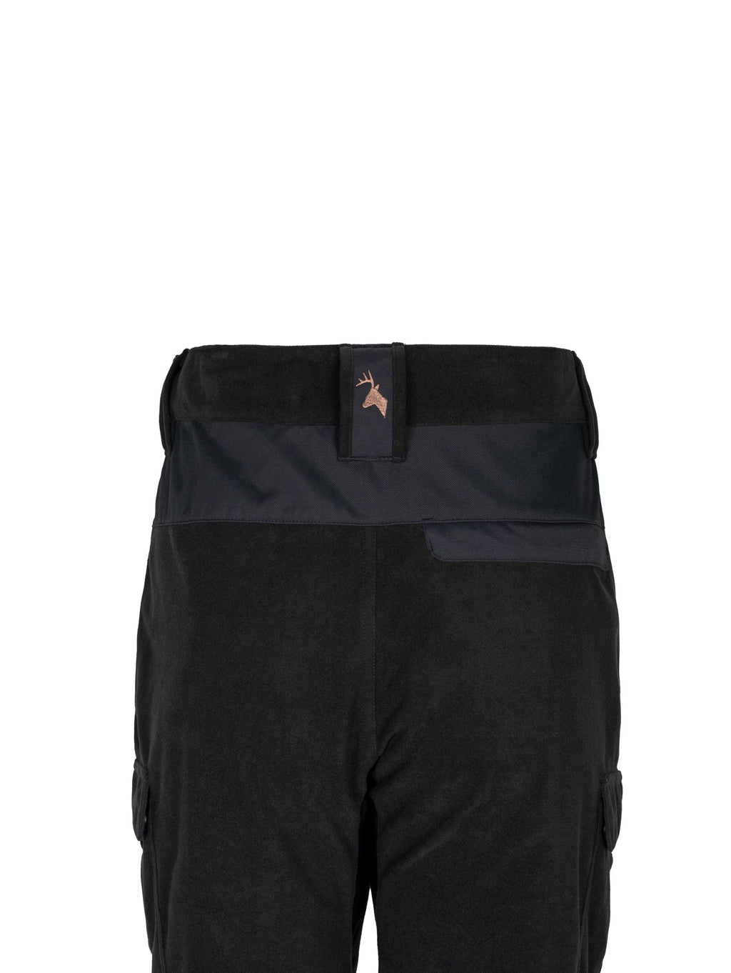 Close up of back yoke of pants with Huntech stags head logo in rose gold on the back belt loop.