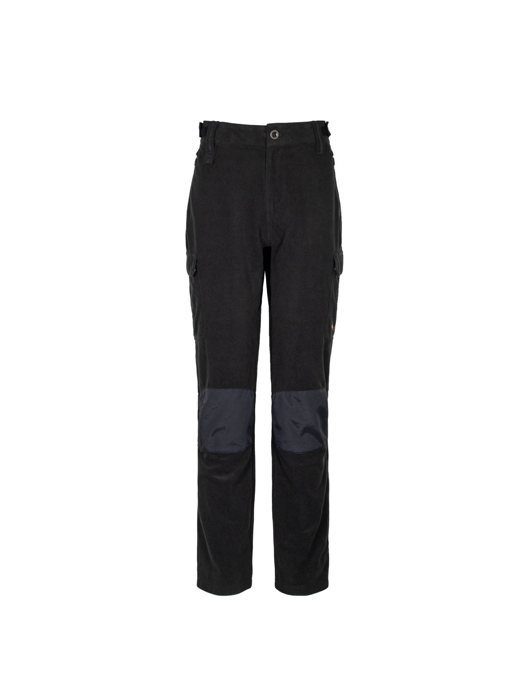 Front view of women’s mid-weight pants in a brushed tricot, with a flexible spandex crutch, a reinforced Oxford knee and internal waist adjustment system. The Huntech logo appears in rose gold, mid thigh on the left outside leg. Shown in black, this product ships from Australia.
