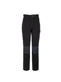 Front view of women’s mid-weight pants in a brushed tricot, with a flexible spandex crutch, a reinforced Oxford knee and internal waist adjustment system. The Huntech logo appears in rose gold, mid thigh on the left outside leg. Shown in black, this product ships from Australia.