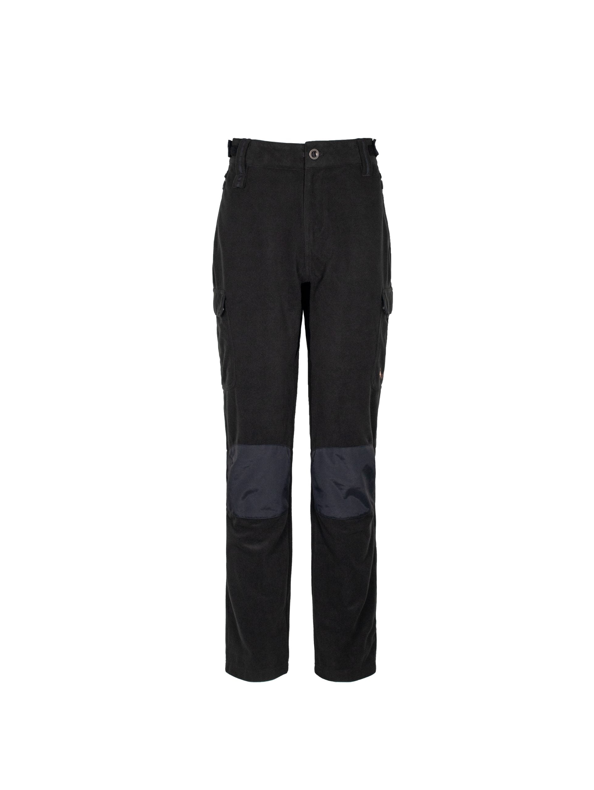 Front view of women’s mid-weight pants in a brushed tricot, with a flexible spandex crutch, a reinforced Oxford knee and internal waist adjustment system. The Huntech logo appears in rose gold, mid thigh on the left outside leg. Shown in black, this product ships from Australia.