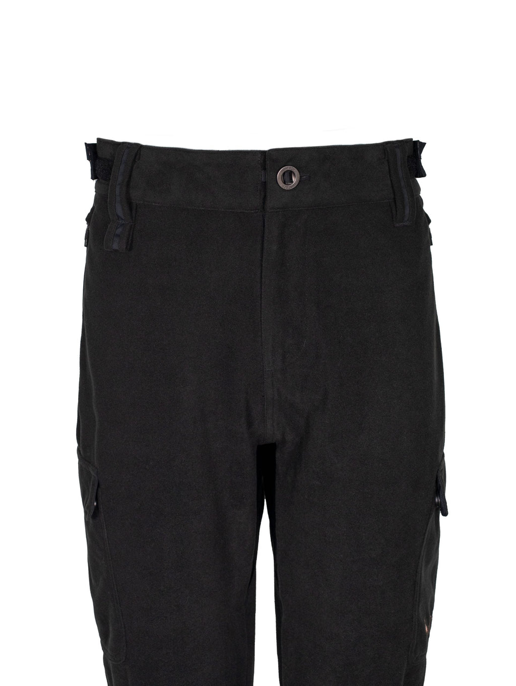Close up of front zip closing and button.