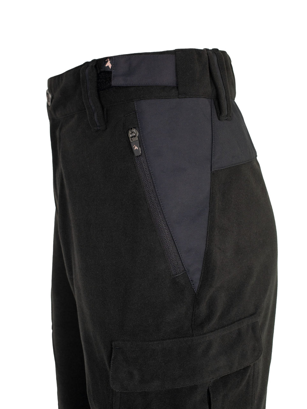 Close up of zippered side pocket, with top of cargo pocket flap showing.