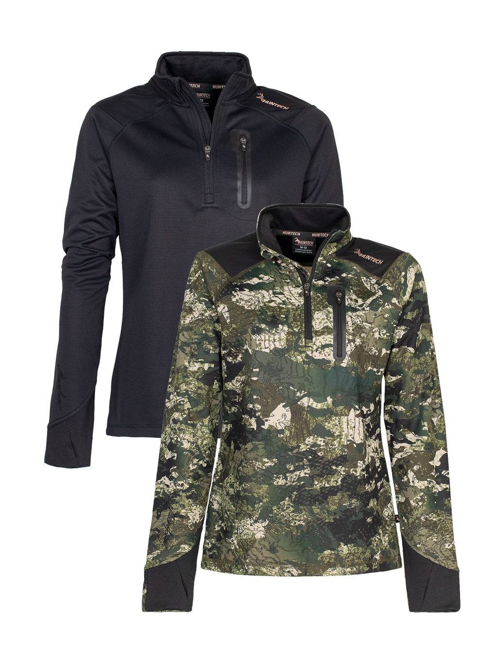 Front view of two women’s sweatshirt in microform fabric with a quarter YKK zip neck entry, spandex gusset underarm, and thumb hole cuffs. It also has a zippered dye cut welded pocket on the left breast and a Huntech logo in rose gold on the shoulder. Shown here in kakariki camo pattern at the front and black at the back, this product ships from Australia.