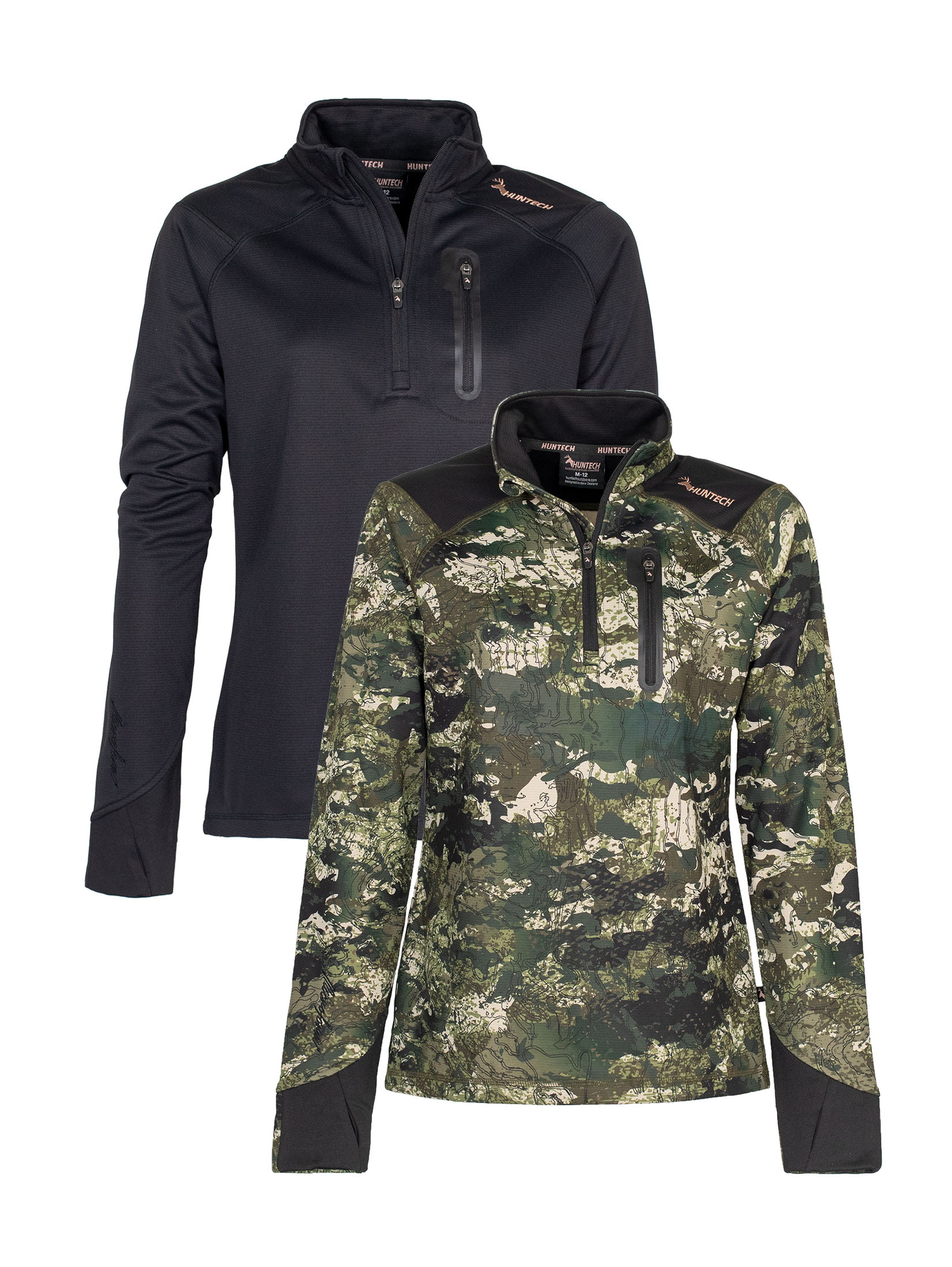 Front view of two women’s sweatshirt in microform fabric with a quarter YKK zip neck entry, spandex gusset underarm, and thumb hole cuffs. It also has a zippered dye cut welded pocket on the left breast and a Huntech logo in rose gold on the shoulder. Shown here in kakariki camo pattern at the front and black at the back, this product ships from Australia.