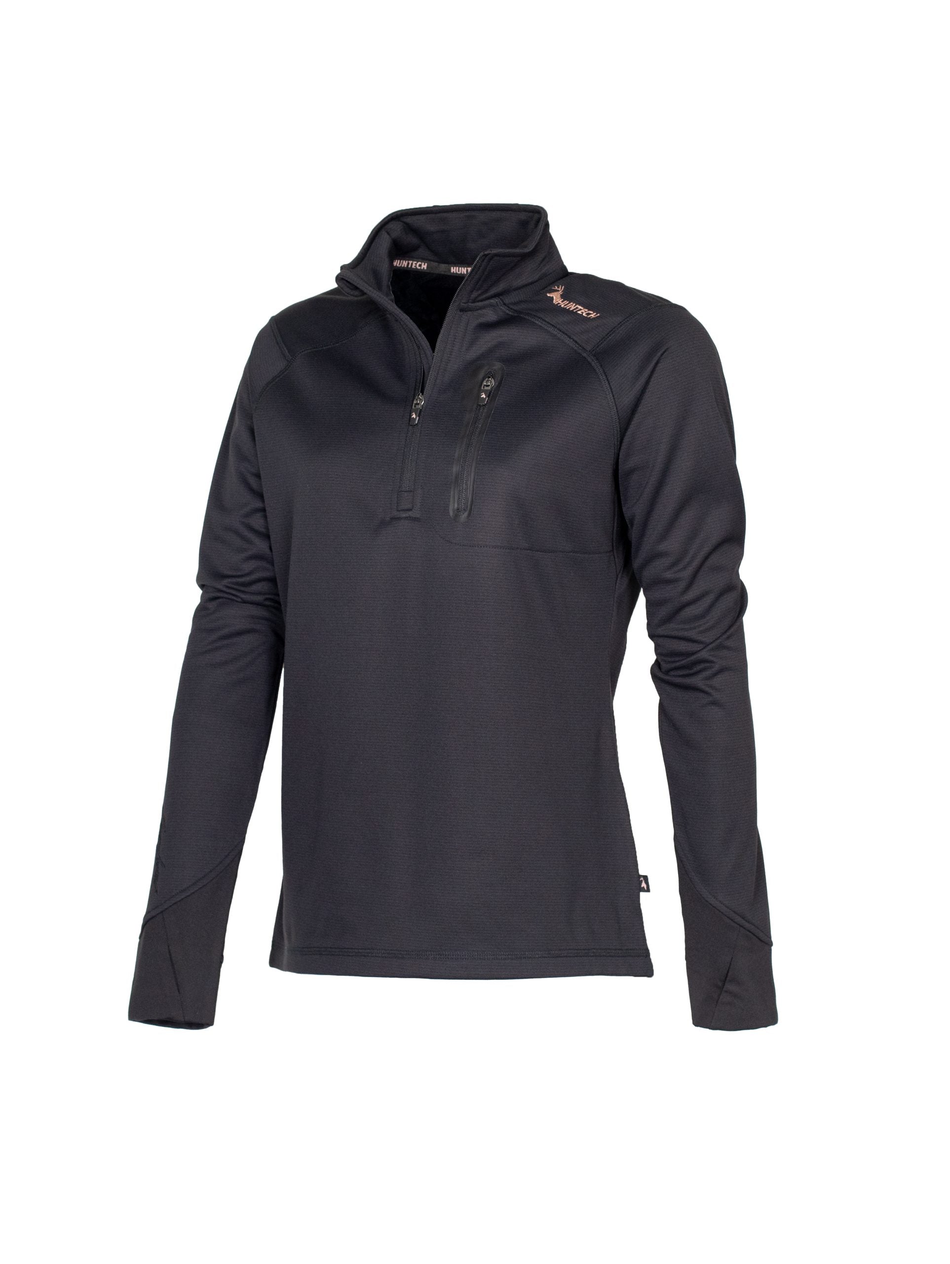 Three quarter front view of women’s sweatshirt in microform fabric with a quarter YKK zip neck entry, spandex gusset underarm, and thumb hole cuffs. It also has a zippered dye cut welded pocket on the left breast and a Huntech logo in rose gold on the shoulder. Shown here in black, this product ships from Australia.