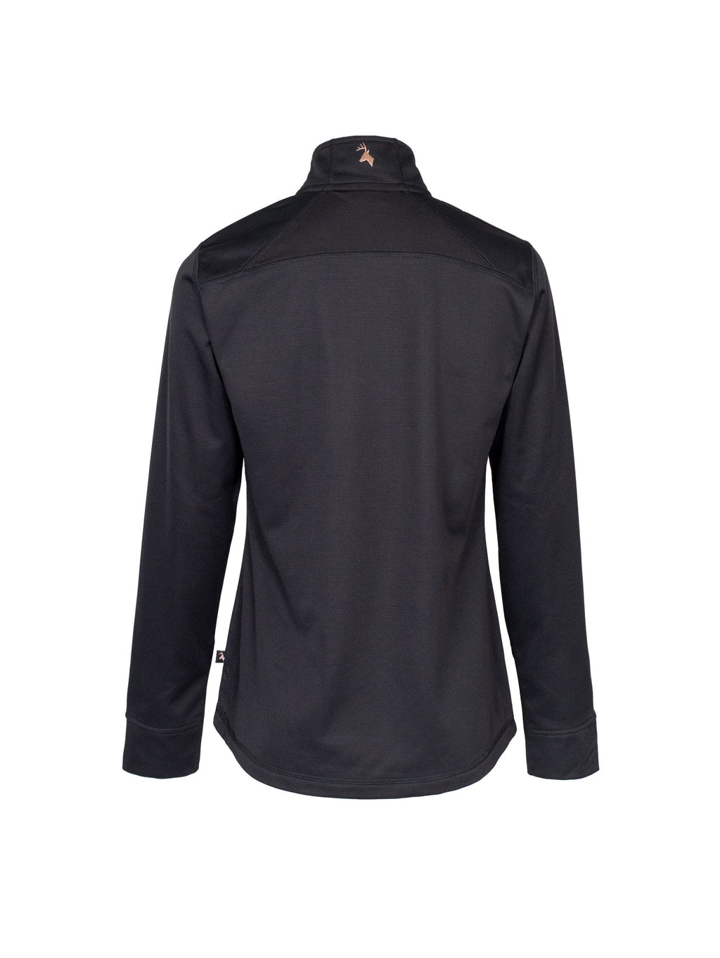 Back view of women’s sweatshirt in microform fabric, spandex gusset underarm, and thumb hole cuffs. Huntech stags head logo in rose gold on the center back collar. Shown here in black, this product ships from Australia.