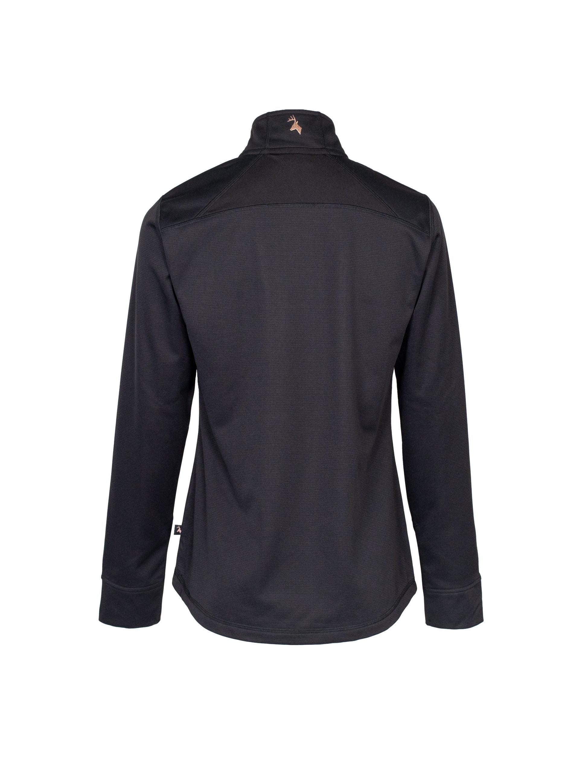 Back view of women’s sweatshirt in microform fabric, spandex gusset underarm, and thumb hole cuffs. Huntech stags head logo in rose gold on the center back collar. Shown here in black, this product ships from Australia.