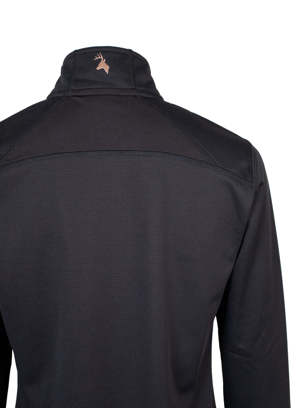 Close up of Huntech stags head logo in rose cold on the center back collar. Shown here on a black shirt.