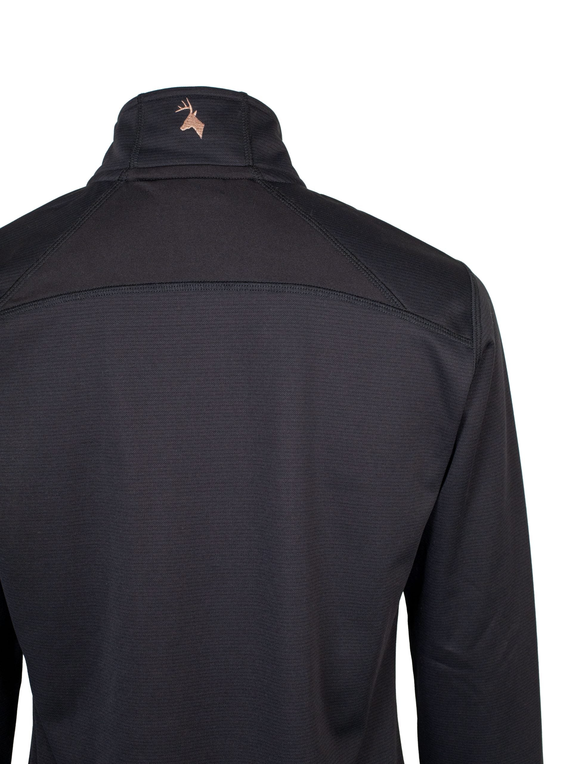 Close up of Huntech stags head logo in rose cold on the center back collar. Shown here on a black shirt.