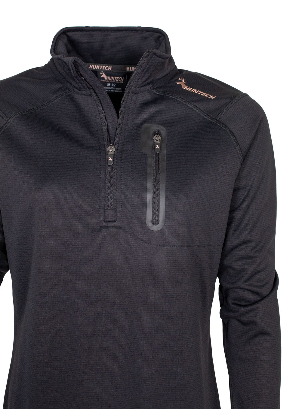 Close up of zippered chest pocket, zip front closure and neckline. Huntech logo appears in rose gold on the shoulder. Shown here in black.