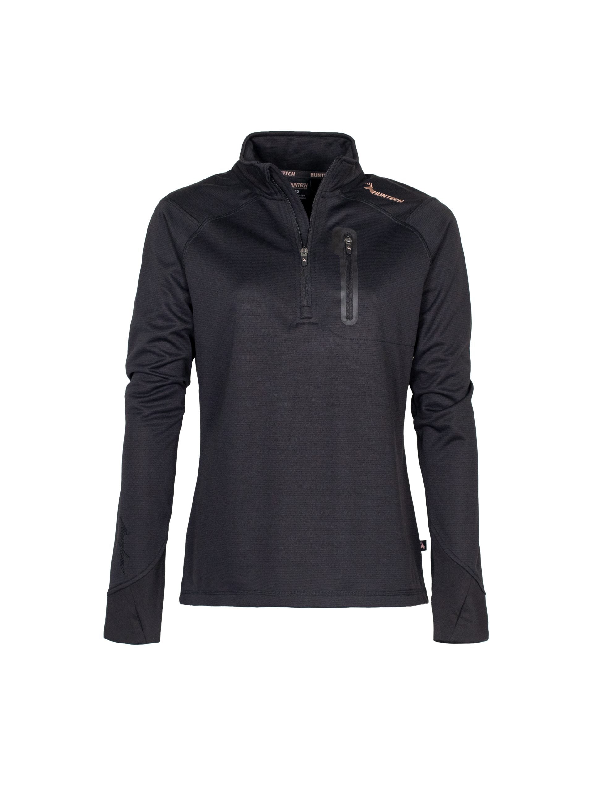 Front view of women’s sweatshirt in microform fabric with a quarter YKK zip neck entry, spandex gusset underarm, and thumb hole cuffs. It also has a zippered dye cut welded pocket on the left breast and a Huntech logo in rose gold on the shoulder. Shown here in black, this product ships from Australia.