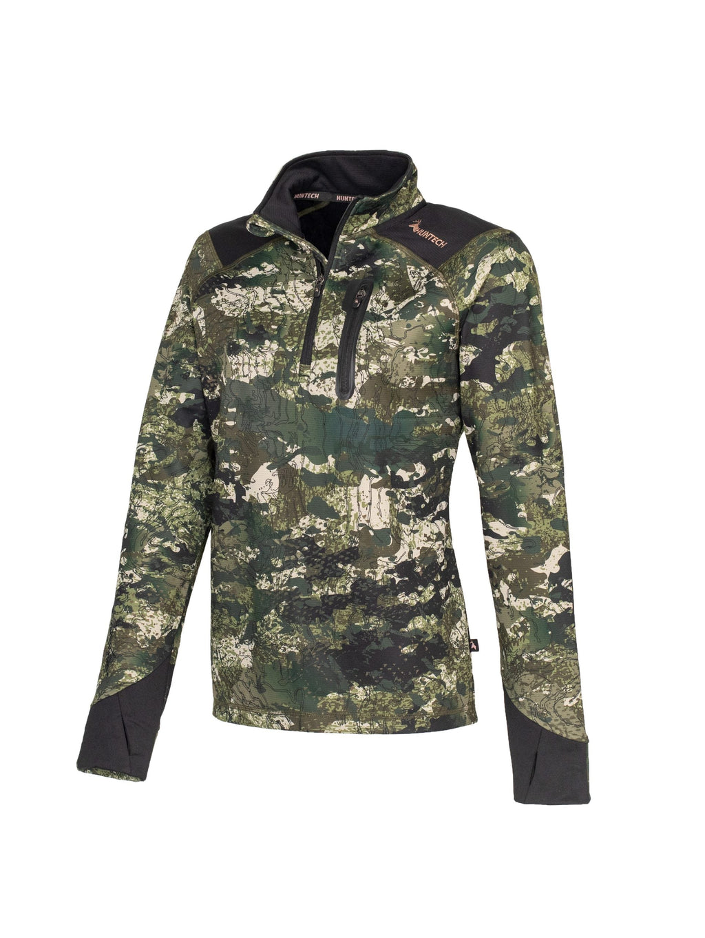 Three quarter front view of women’s sweatshirt in microform fabric with a quarter YKK zip neck entry, spandex gusset underarm, and thumb hole cuffs. It also has a zippered dye cut welded pocket on the left breast and a Huntech logo in rose gold on the shoulder. Shown here in kakariki camo pattern, this product ships from Australia.