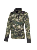 Three quarter front view of women’s sweatshirt in microform fabric with a quarter YKK zip neck entry, spandex gusset underarm, and thumb hole cuffs. It also has a zippered dye cut welded pocket on the left breast and a Huntech logo in rose gold on the shoulder. Shown here in kakariki camo pattern, this product ships from Australia.
