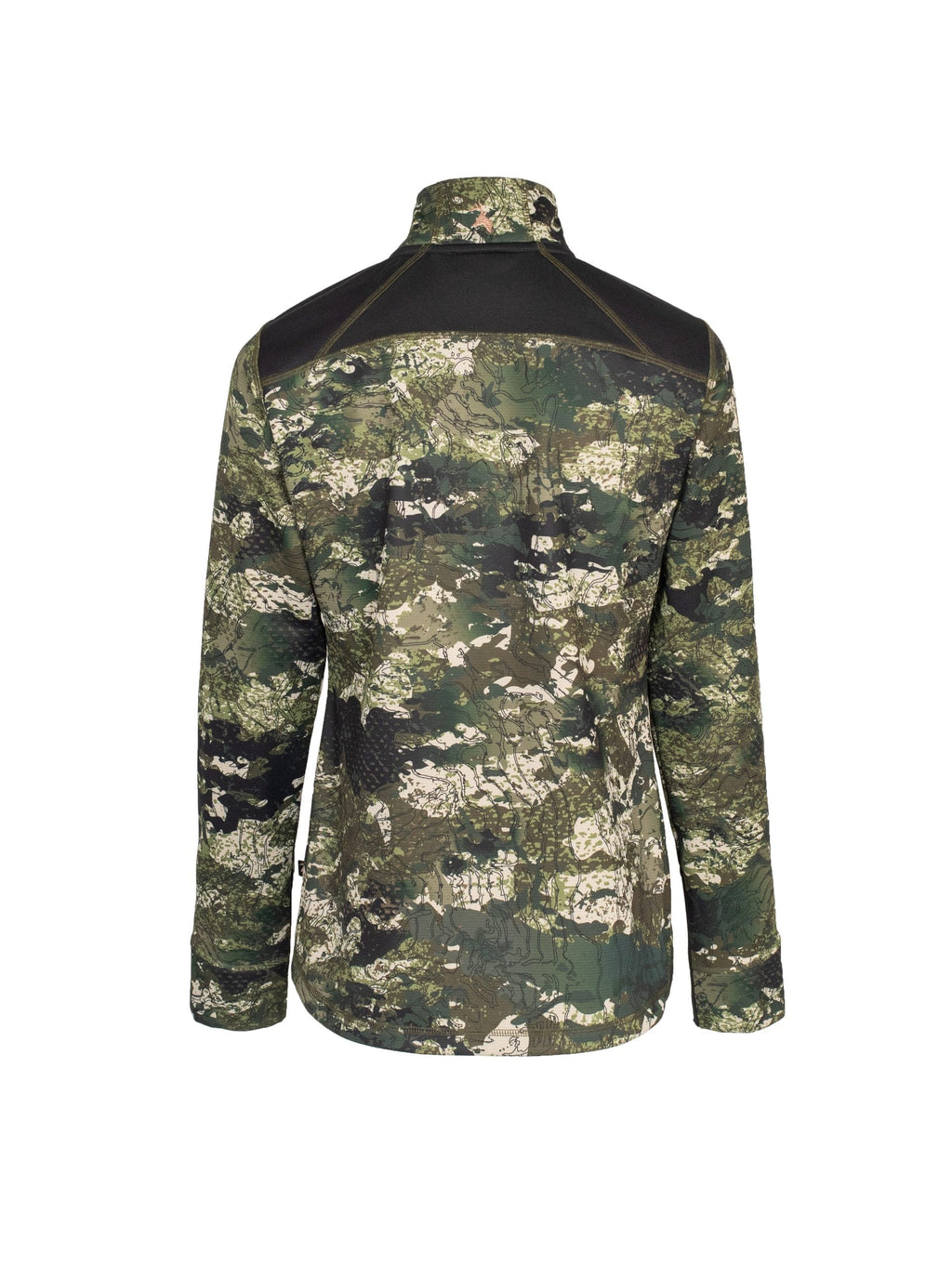Back view of women’s sweatshirt in microform fabric, spandex gusset underarm, and thumb hole cuffs. It has the Huntech stags head logo in rose gold on centre back collar. Shown here in kakariki camo pattern, this product ships from Australia.