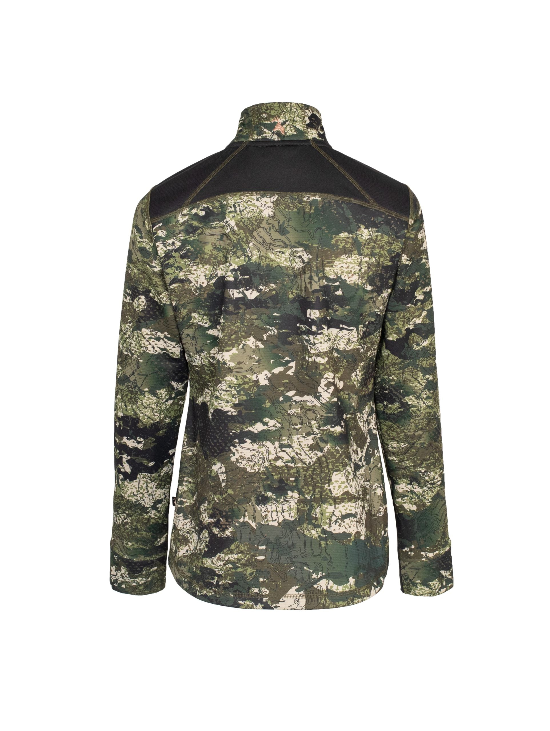 Back view of women’s sweatshirt in microform fabric, spandex gusset underarm, and thumb hole cuffs. It has the Huntech stags head logo in rose gold on centre back collar. Shown here in kakariki camo pattern, this product ships from Australia.