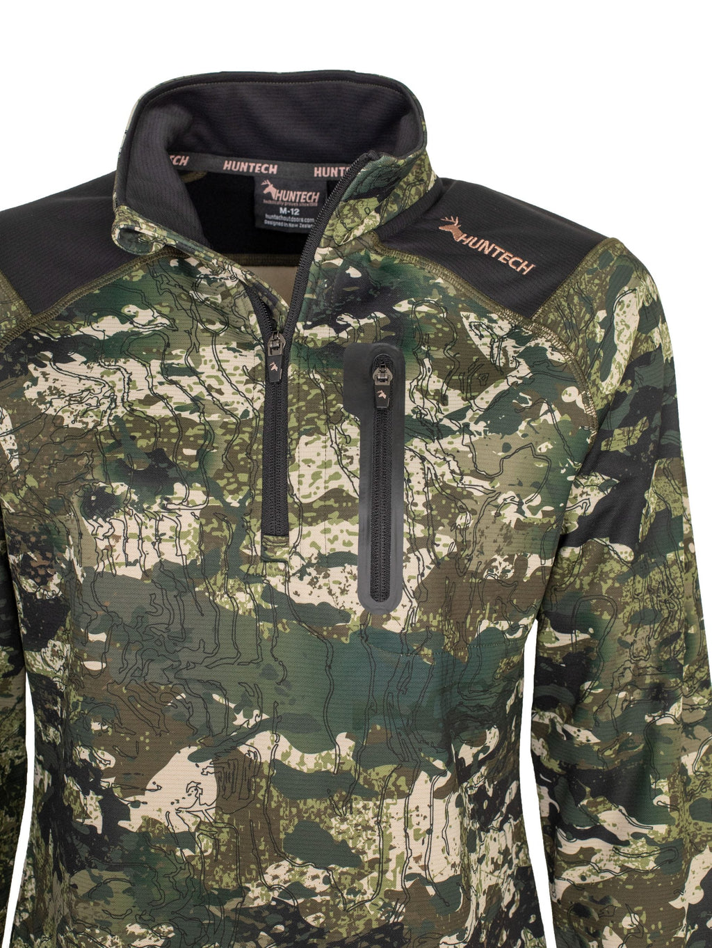 Close up of zippered chest pocket, zip front closure and neckline. Huntech logo appears in rose gold on the shoulder. Shown here in kakariki camo pattern.