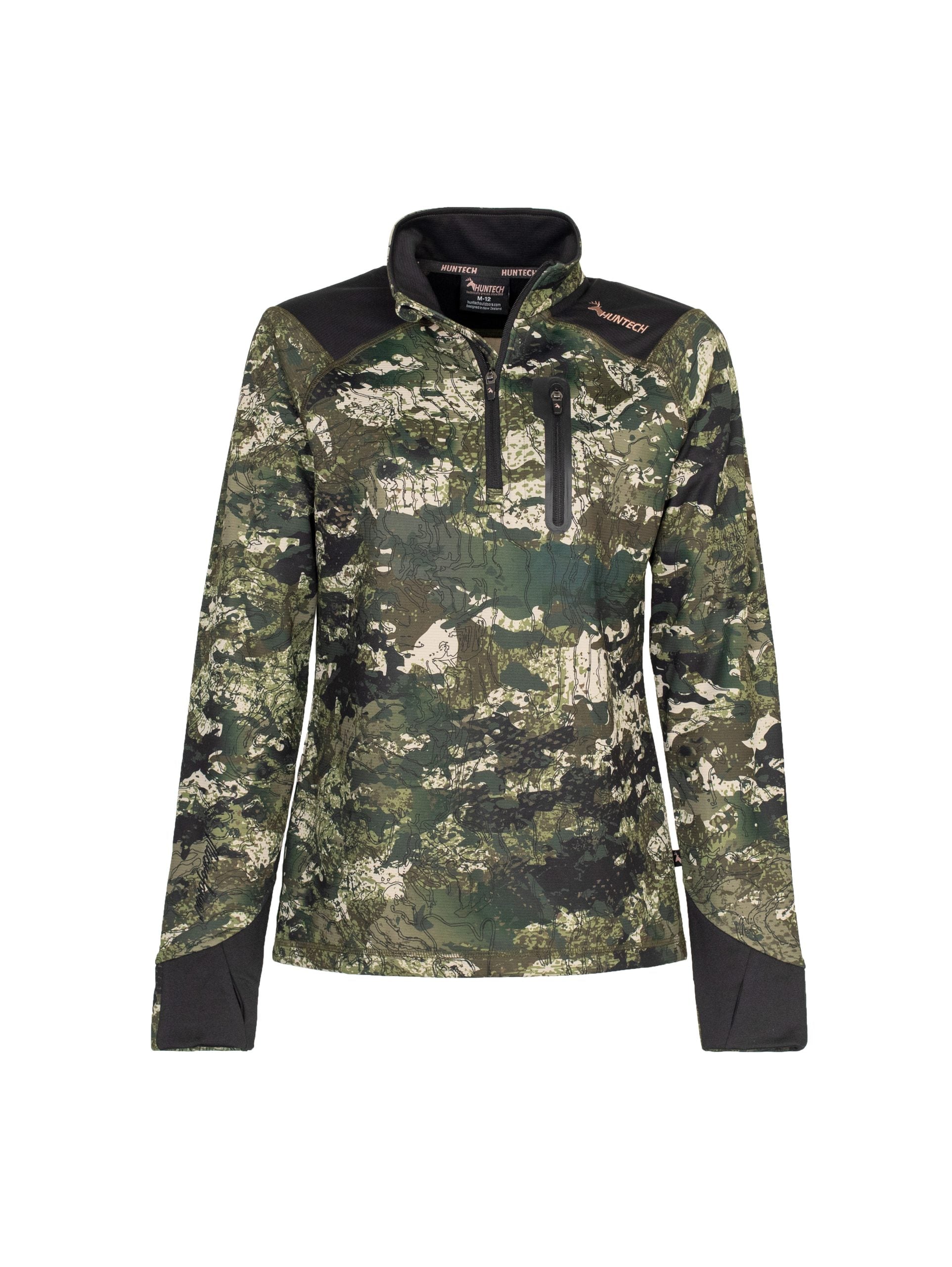 Front view of women’s sweatshirt in microform fabric with a quarter YKK zip neck entry, spandex gusset underarm, and thumb hole cuffs. It also has a zippered dye cut welded pocket on the left breast and a Huntech logo in rose gold on the shoulder. Shown here in kakariki camo pattern, this product ships from Australia.