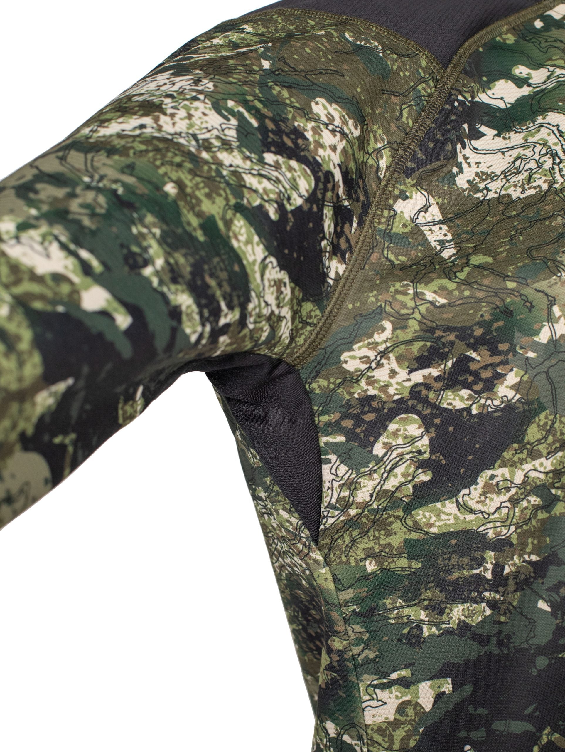 Close up of spandex underarm gusset. Shown here on kakariki camo pattern shirt.