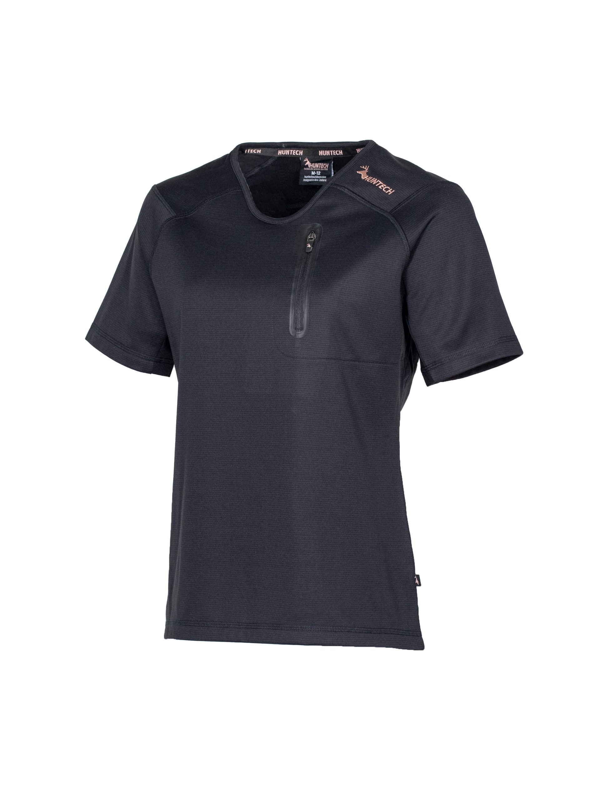Three quarter front view of women’s short sleeved tee in flat finish fleece with a bound-edge rounded V-neck. It has a zippered chest pocket with the Huntech logo in rose gold on the shoulder and features Spandex underarm gussets. Shown here in black, this product ships from Australia.
