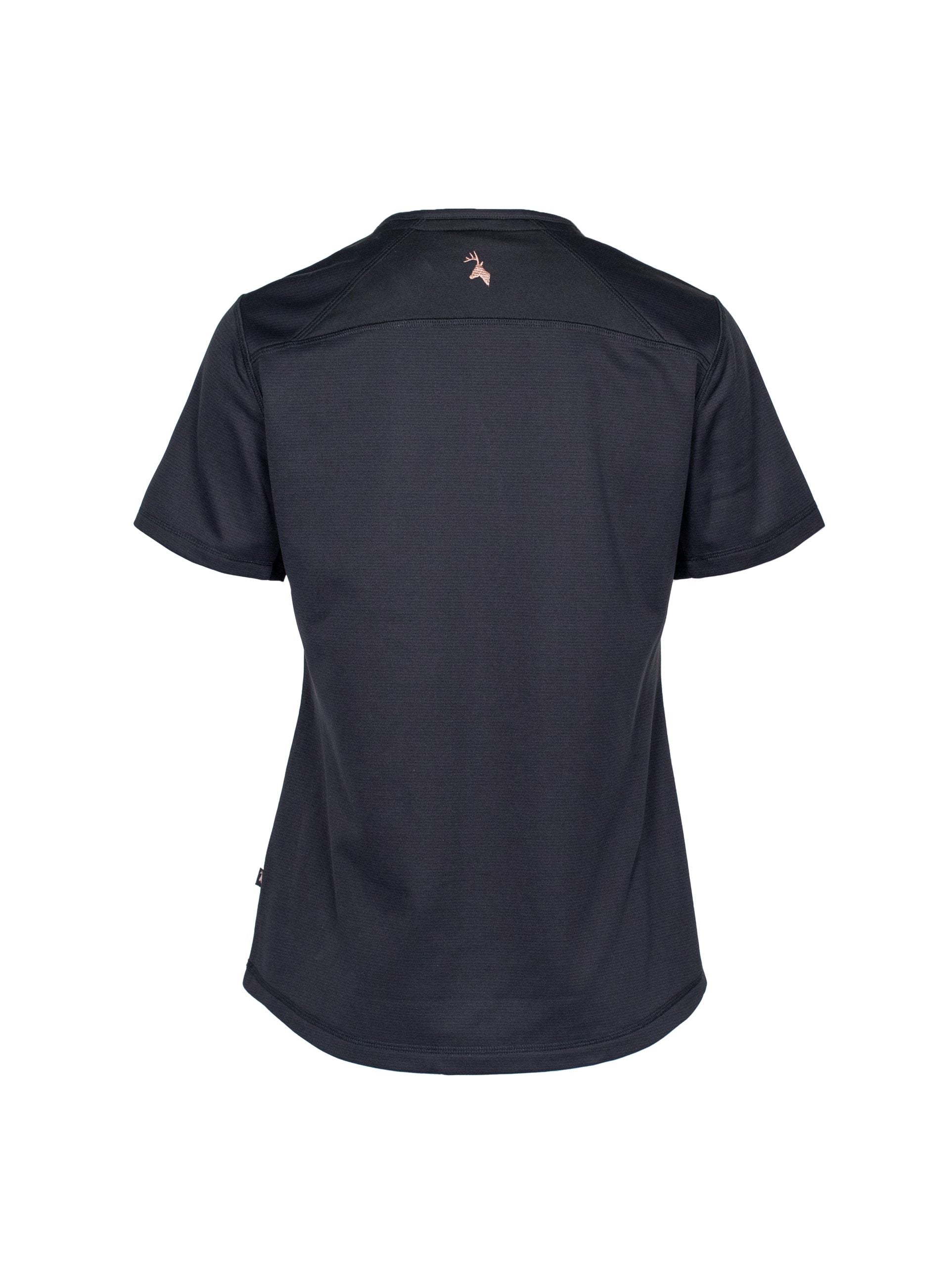 Back view of women’s short sleeved tee in flat finish fleece with a bound-edge neckline. The Huntech stags head logo in rose gold is centered just below the neckline. Shown here in black, this product ships from Australia.