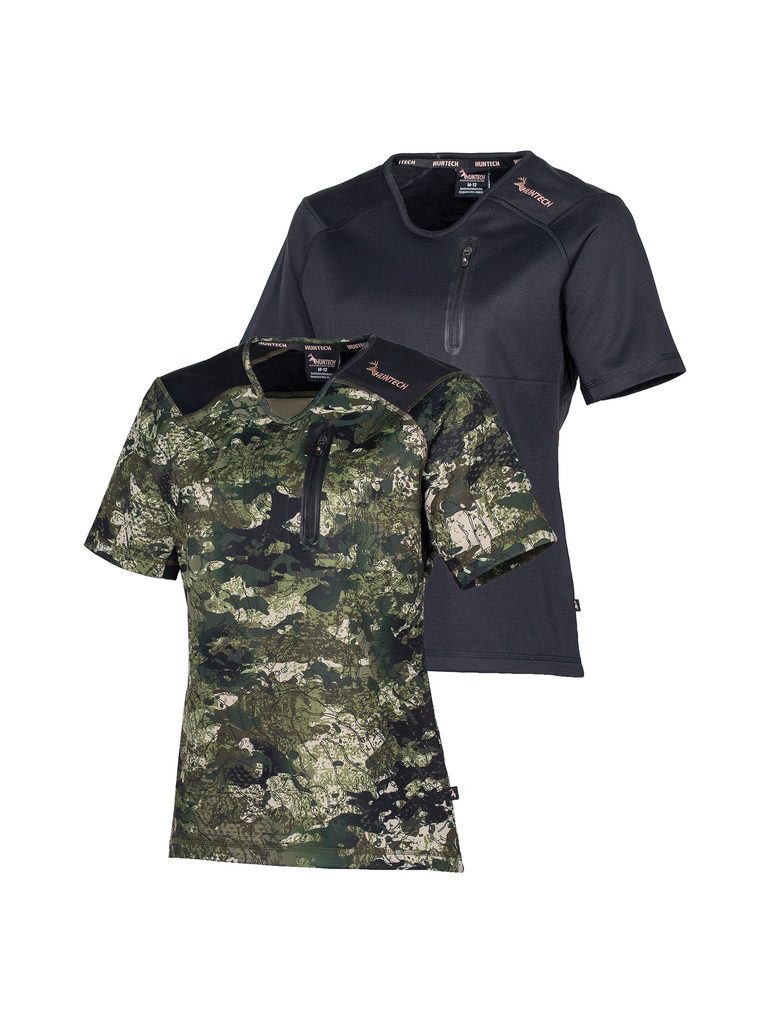 Three quarter front view of two women’s short sleeved tee in flat finish fleece with a bound-edge rounded V-neck. It has a zippered chest pocket with the Huntech logo in rose gold on the shoulder and features Spandex underarm gussets. Shown here in kakariki camo pattern at the front and black at the back, this product ships from Australia.