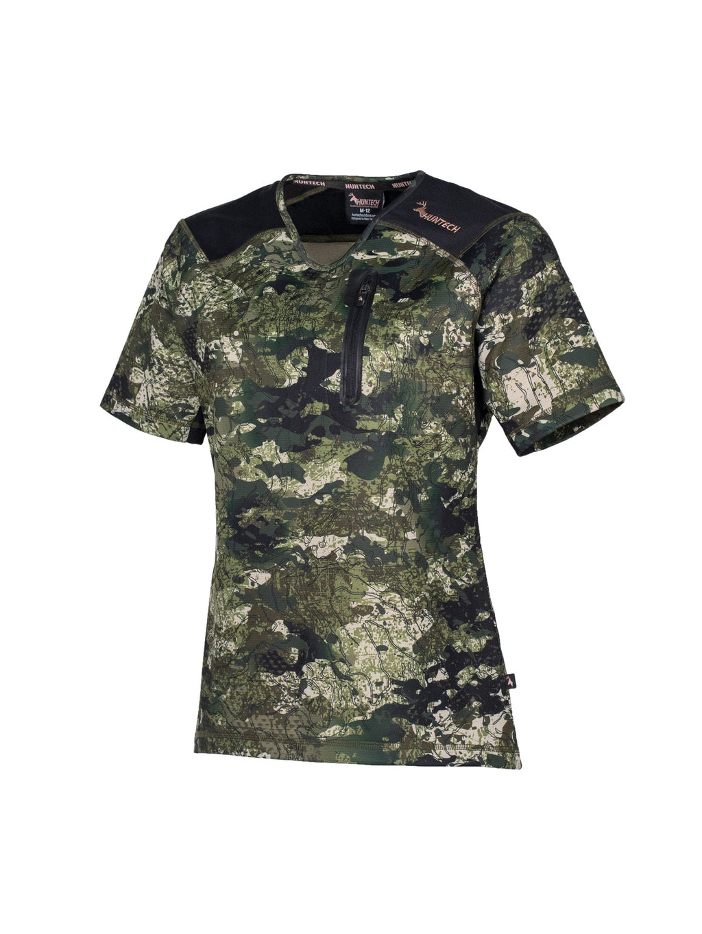 Three quarter front view of women’s short sleeved tee in flat finish fleece with a bound-edge rounded V-neck. It has a zippered chest pocket with the Huntech logo in rose gold on the shoulder and features Spandex underarm gussets. Shown here in kakariki camo pattern, this product ships from Australia | HT6314