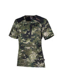 Three quarter front view of women’s short sleeved tee in flat finish fleece with a bound-edge rounded V-neck. It has a zippered chest pocket with the Huntech logo in rose gold on the shoulder and features Spandex underarm gussets. Shown here in kakariki camo pattern, this product ships from Australia | HT6314