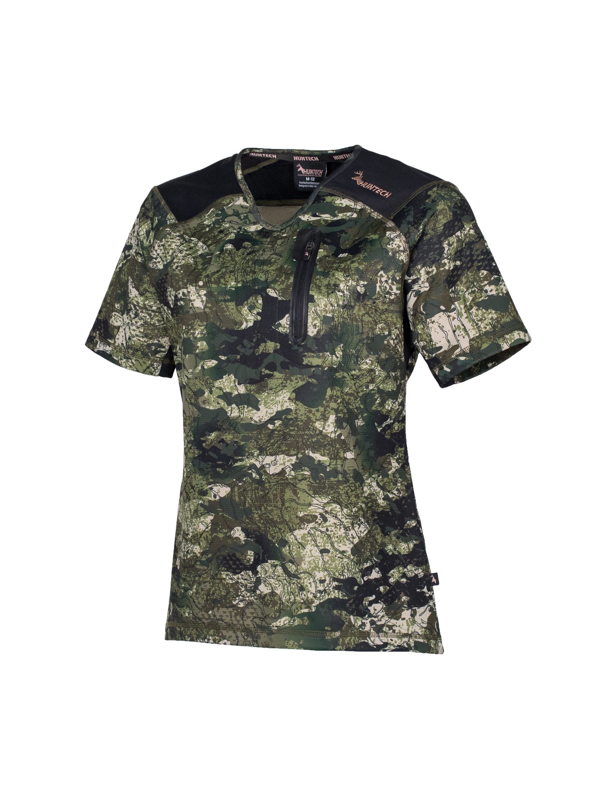 Three quarter front view of women’s short sleeved tee in flat finish fleece with a bound-edge rounded V-neck. It has a zippered chest pocket with the Huntech logo in rose gold on the shoulder and features Spandex underarm gussets. Shown here in kakariki camo pattern, this product ships from Australia.