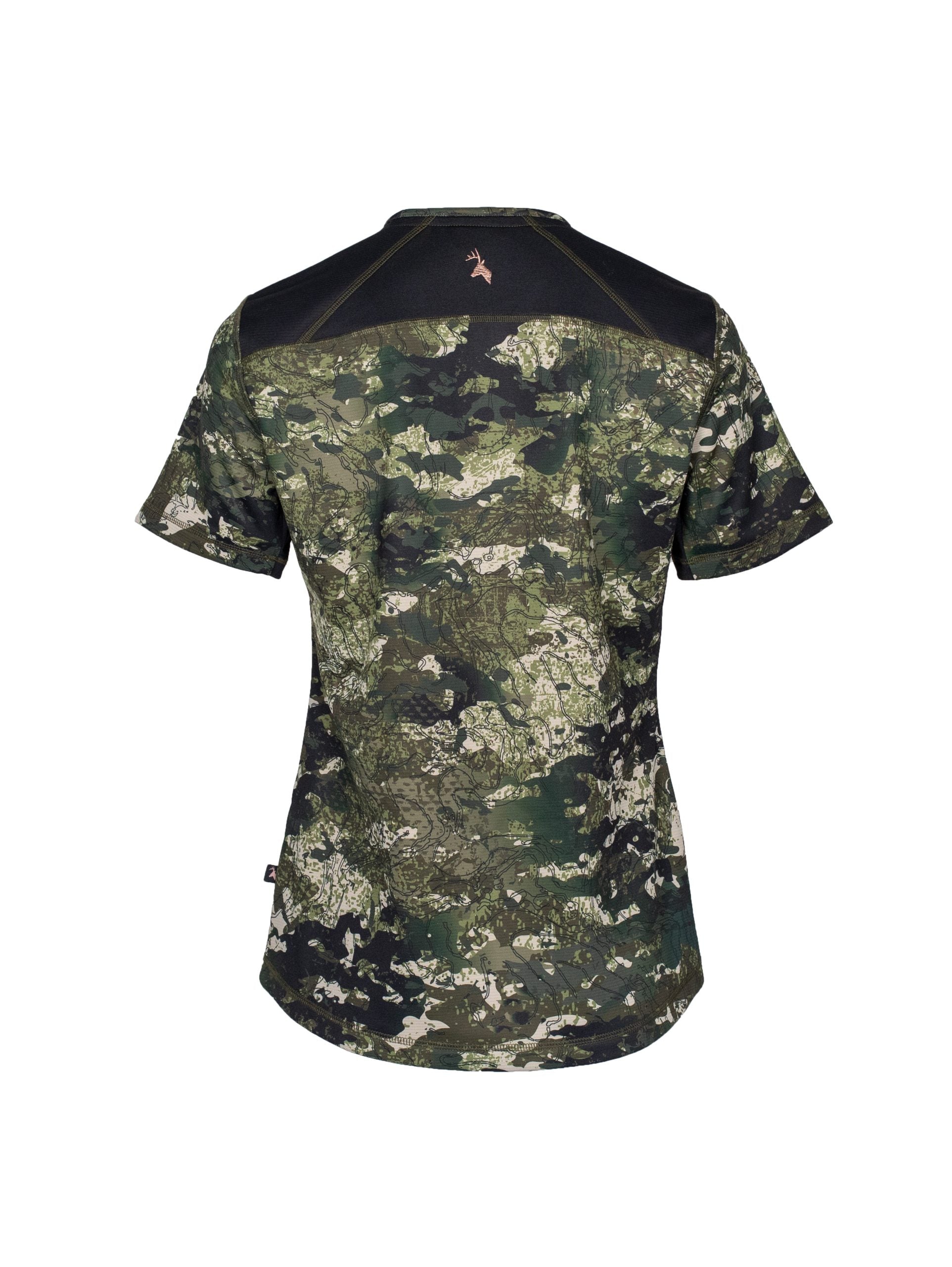 Back view of women’s short sleeved tee in flat finish fleece with a bound-edge neckline. The Huntech stags head logo in rose gold is centered just below the neckline. Shown here in kakariki camo pattern, this product ships from Australia.