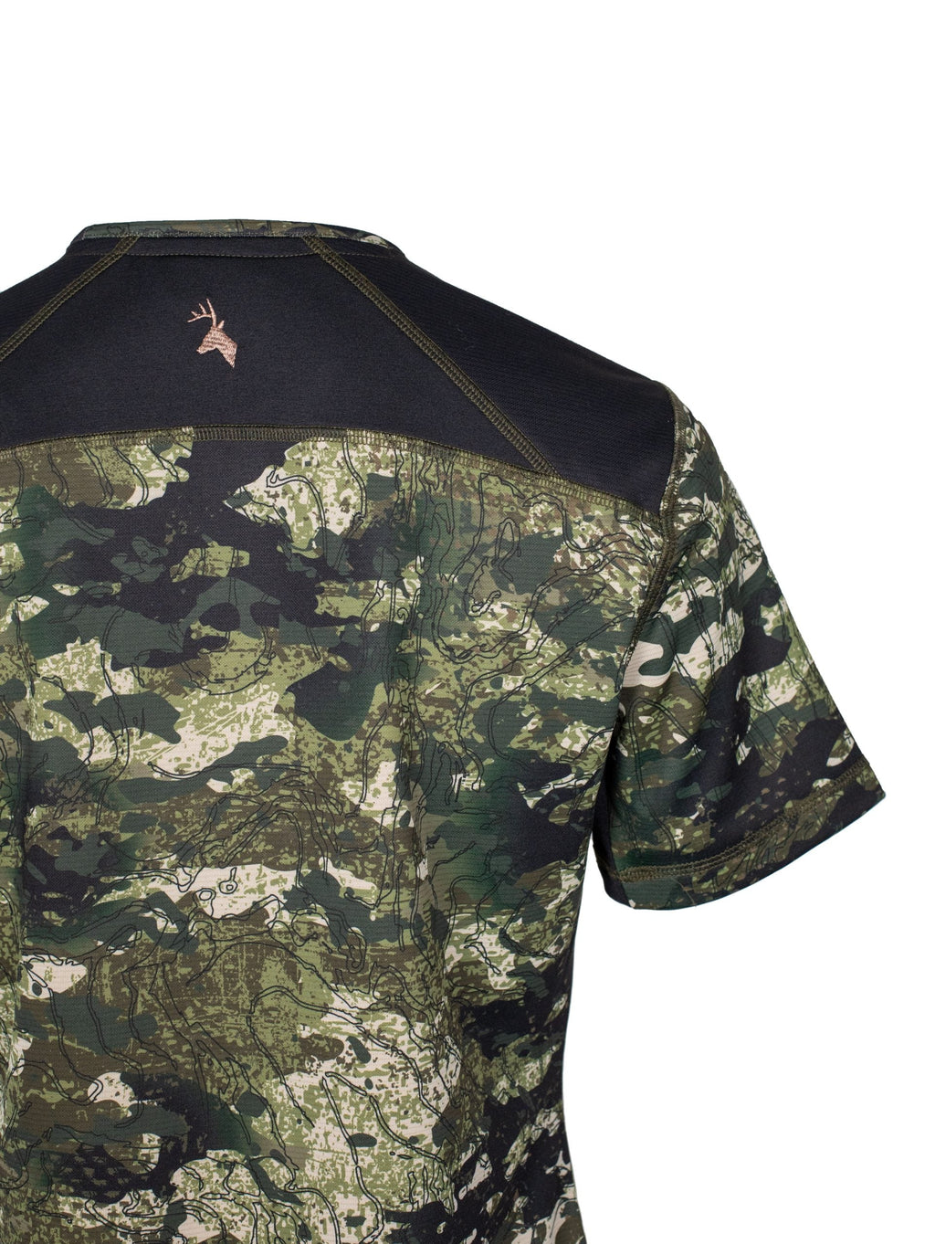 Close up back view of women’s short sleeved tee in flat finish fleece with a bound-edge neckline. The Huntech stags head logo in rose gold is centered just below the neckline. Shown here in kakariki camo pattern, this product ships from Australia.