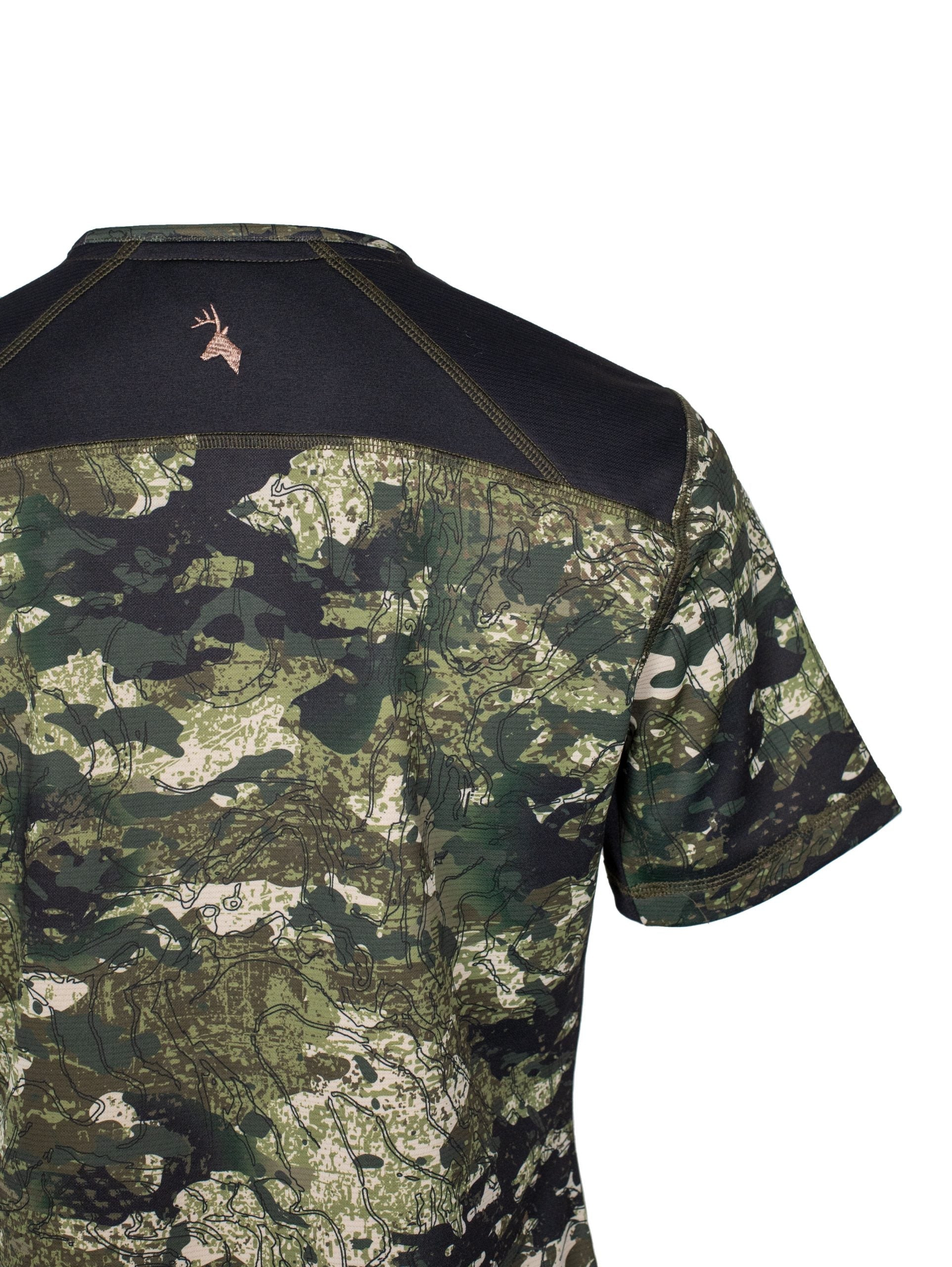 Close up back view of women’s short sleeved tee in flat finish fleece with a bound-edge neckline. The Huntech stags head logo in rose gold is centered just below the neckline. Shown here in kakariki camo pattern, this product ships from Australia.