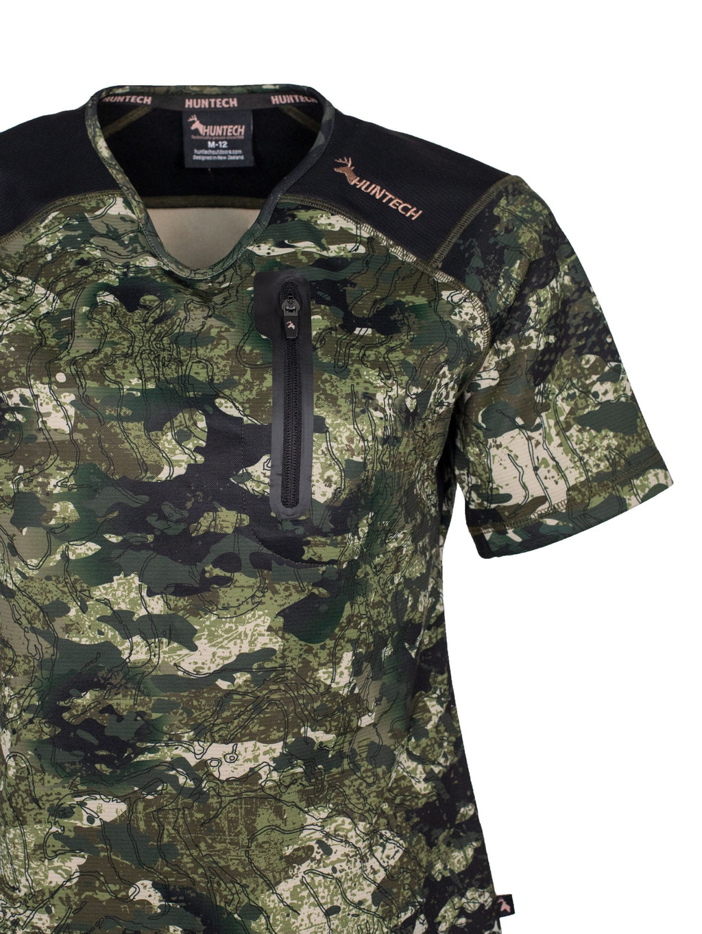 Close up front view of women’s short sleeved tee in flat finish fleece with a bound-edge rounded V-neck. It has a zippered chest pocket with the Huntech logo in rose gold on the shoulder and features Spandex underarm gussets. Shown here in kakariki camo pattern, this product ships from Australia.