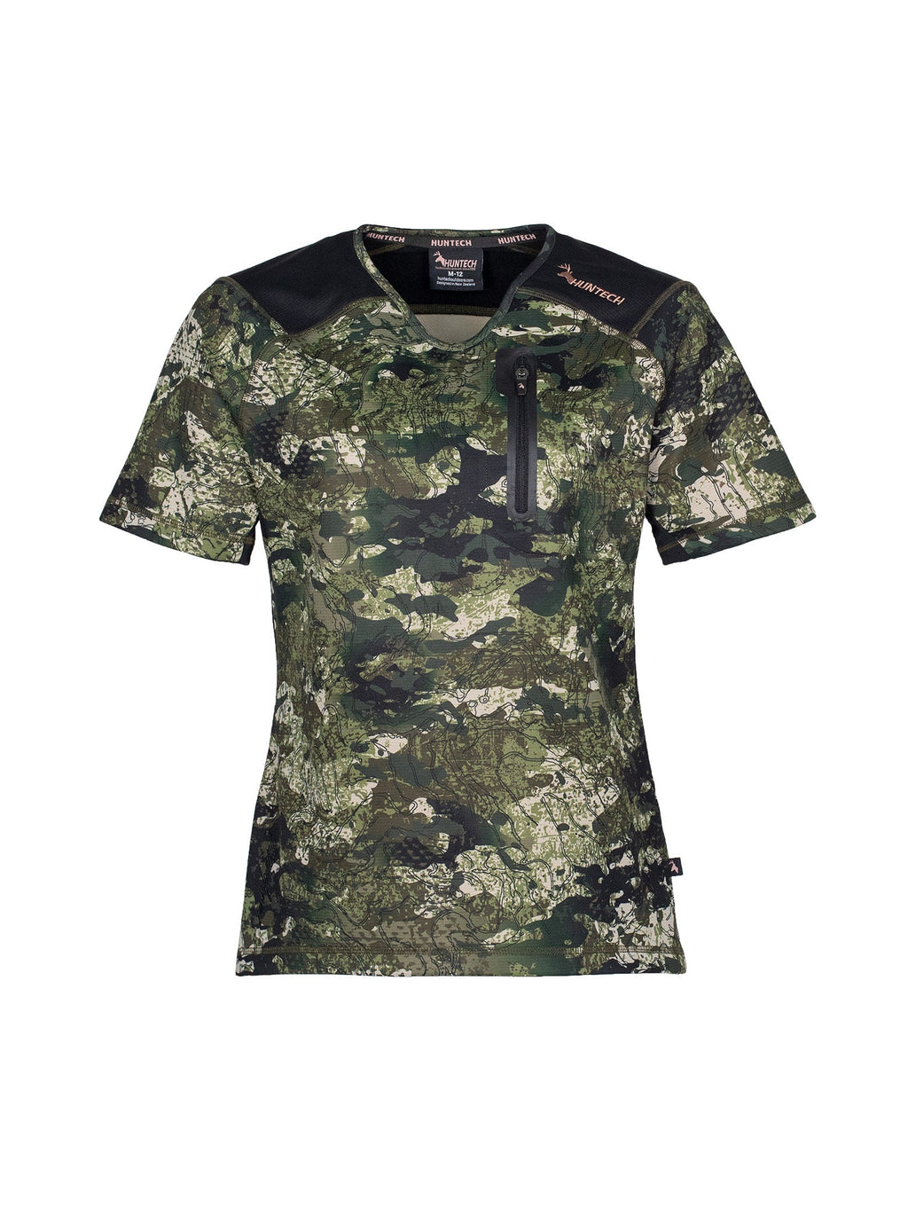 Front view of women’s short sleeved tee in flat finish fleece with a bound-edge rounded V-neck. It has a zippered chest pocket with the Huntech logo in rose gold on the shoulder and features Spandex underarm gussets. Shown here in kakariki camo pattern, this product ships from Australia.