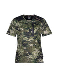 Front view of women’s short sleeved tee in flat finish fleece with a bound-edge rounded V-neck. It has a zippered chest pocket with the Huntech logo in rose gold on the shoulder and features Spandex underarm gussets. Shown here in kakariki camo pattern, this product ships from Australia.