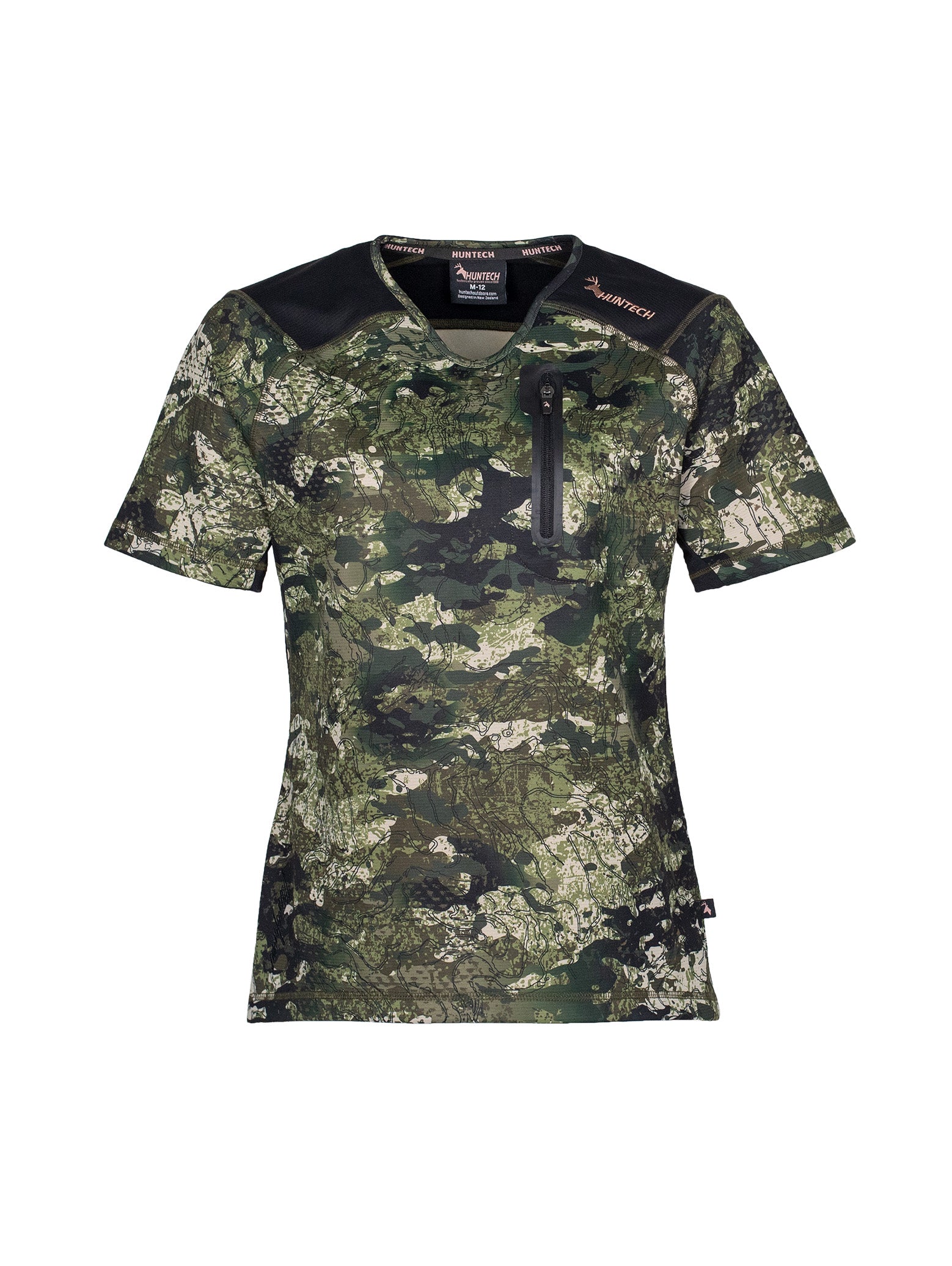 Front view of women’s short sleeved tee in flat finish fleece with a bound-edge rounded V-neck. It has a zippered chest pocket with the Huntech logo in rose gold on the shoulder and features Spandex underarm gussets. Shown here in kakariki camo pattern, this product ships from Australia.