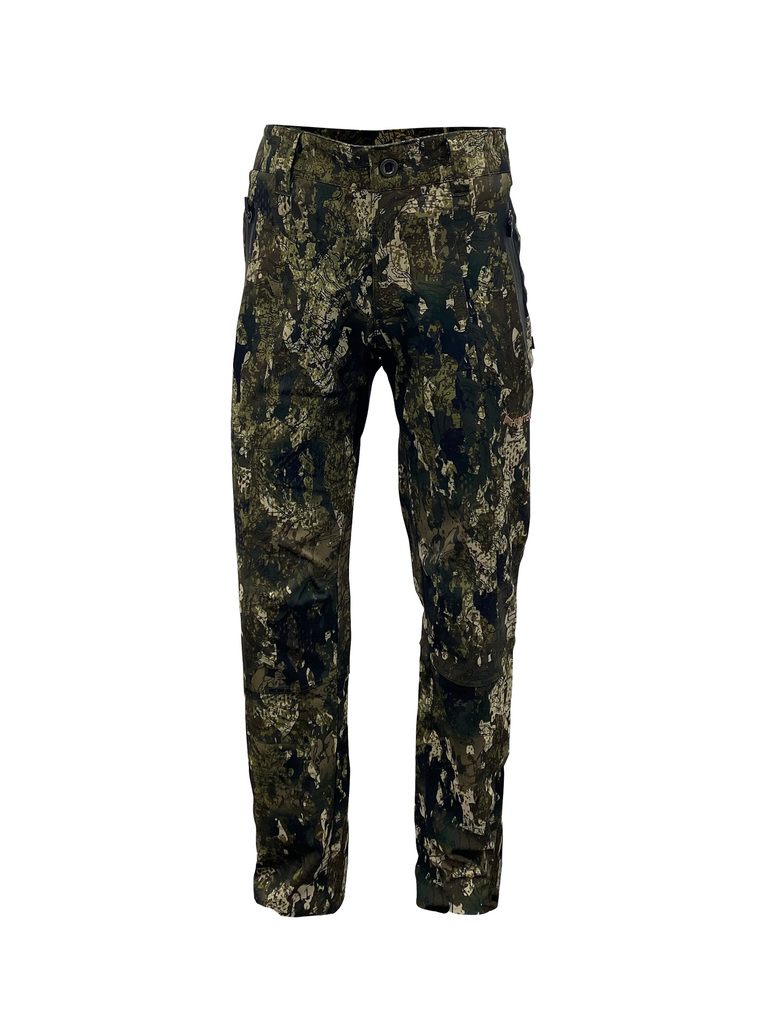 Front view of women’s trail pants in hardwearing Duraflex fabric with zippered pocket, adjusters at waist, and a flexible elastine gusset. Ships from Australia and shown here in kakariki camo pattern with a Huntech logo in rose gold at thigh height on the left-hand leg.