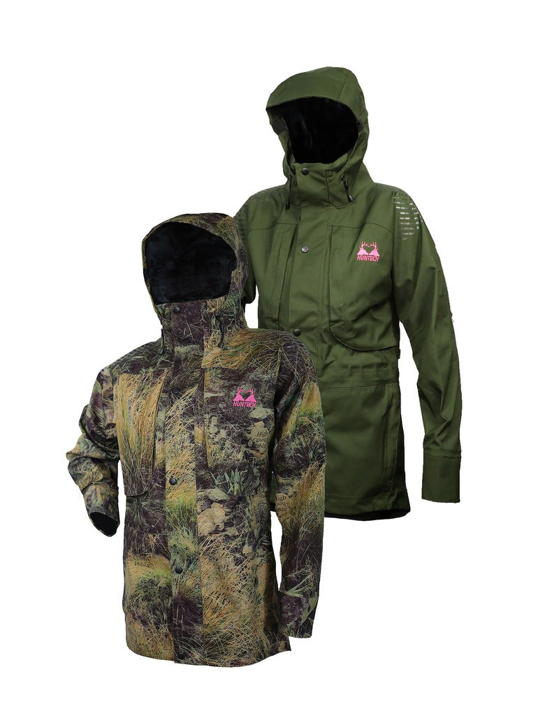 Front view of two women’s breathable three-layer jacket with pit zips for heat regulation, YKK 2-way full length zip, thermal retention cuff and three-way adjustable hood. The jacket also features two bellowed chest pockets with the Huntech twin stag logo in bright pink on the left pocket. Ships from Australia and is shown here in high country camo pattern at the front and military green at the back.