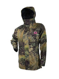 Front view of women’s breathable three-layer jacket with pit zips for heat regulation, YKK 2-way full length zip, thermal retention cuff and three-way adjustable hood. The jacket also features two bellowed chest pockets with the Huntech twin stag logo in bright pink on the left pocket. Ships from Australia and is shown here in high country camo pattern.