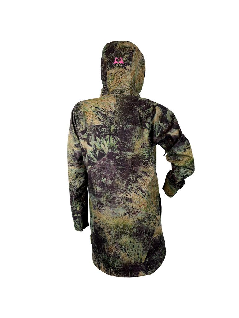 Back view of women’s breathable three-layer jacket with the hood up. The  Huntech twin stag logo appears in bright pink on the back of the hood. Ships from Australia and is shown here in high country camo pattern.