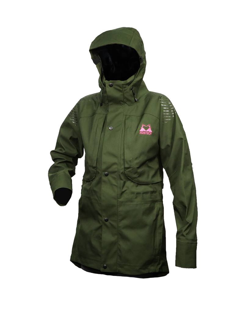 Front view of women’s breathable three-layer jacket with pit zips for heat regulation, YKK 2-way full length zip, thermal retention cuff and three-way adjustable hood. The jacket also features two bellowed chest pockets with the Huntech twin stag logo in bright pink on the left pocket and has a reinforcement pattern on the shoulders. Ships from Australia and is shown here in military green.