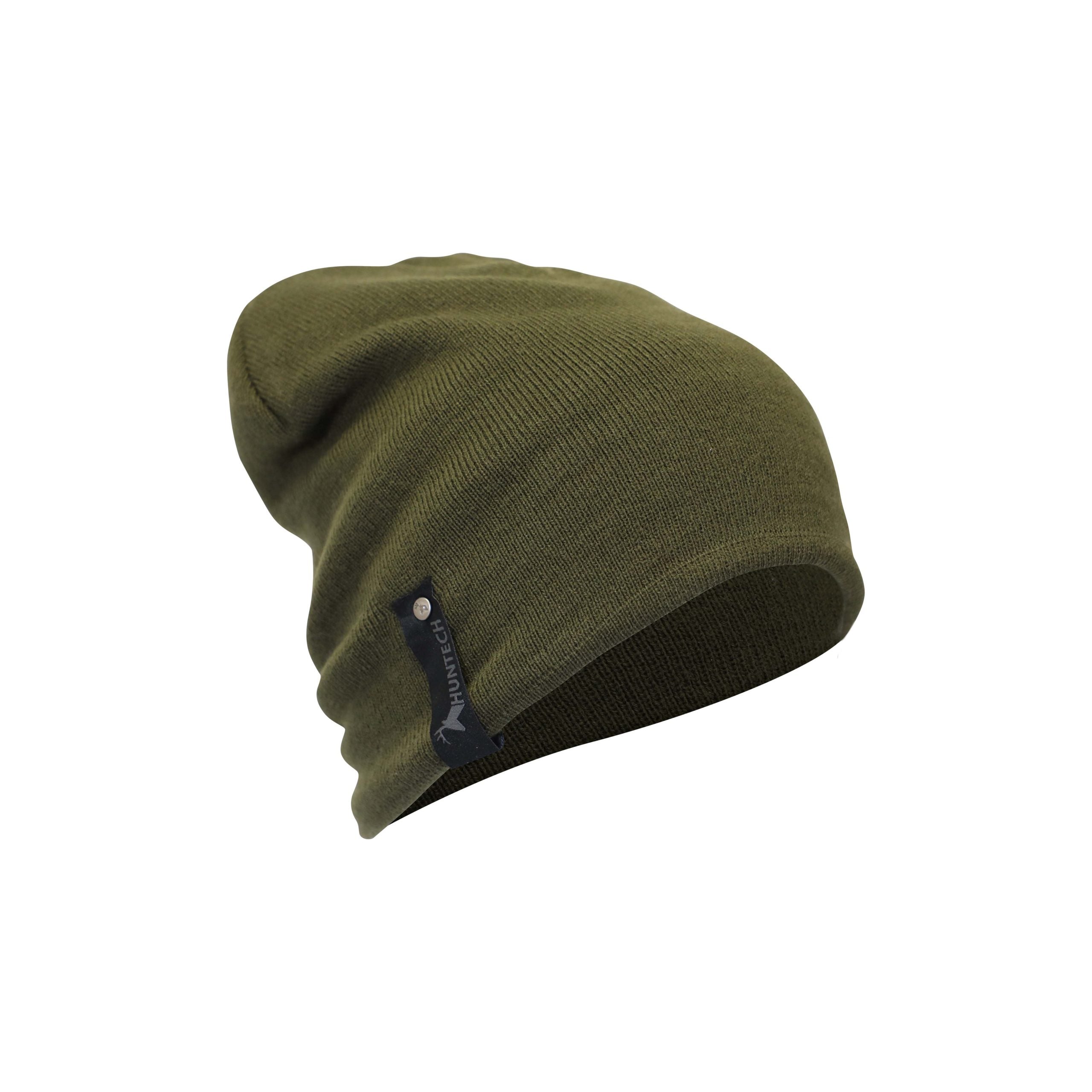 Three quarter front image of acrylic beanie with polyester fleece lining. Tag on the side with Huntech logo in grey. Beanie is shown in military green and ships from Australia.