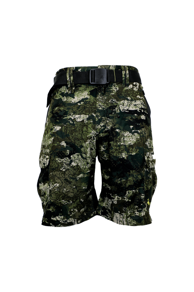 Front view of men’s mid-length, light to mid-weight cargo shorts in a two-way brushed tricot, with a flexible spandex crutch. Features five pockets and a woven belt. Ships from Australia. Shown in kakariki camo pattern.