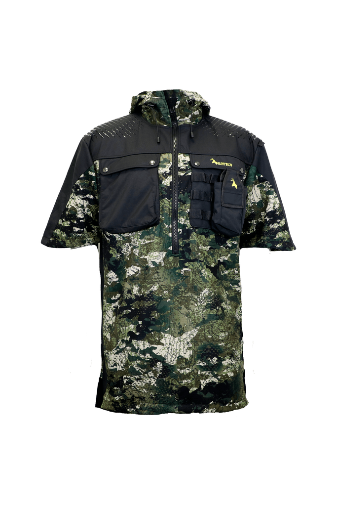 Front view of a untech branded butcher coat in hard-wearing, 330 gsm dual-grid fleece coats with a 500D coated Oxford nylon back overlay and shaped half sleeves that repel light showers. Huntech logo in yellow is on the left breast, with twin chest pockets and a molle GPS pouch that straps to left chest pocket. Shown in kakariki camo, this coat ships from Australia.
