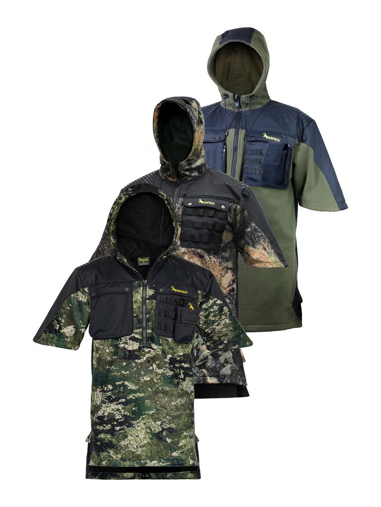 Image of three Huntech branded butcher coats in hard-wearing, 330 gsm dual-grid fleece coats with a 500D coated Oxford nylon back overlay and shaped half sleeves that repel light showers. Huntech logo in yellow is on the left breast, with twin chest pockets and a molle GPS pouch that straps to left chest pocket. Ships from Australia.