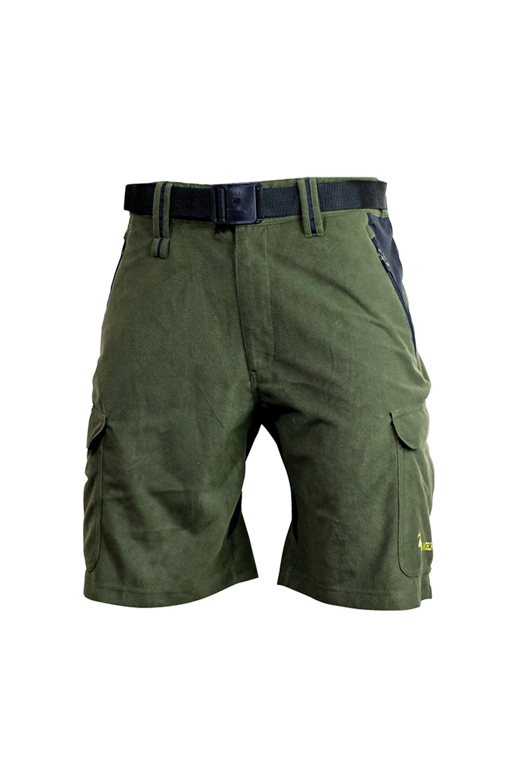 Front view of men’s mid-length, light to mid-weight cargo shorts in a two-way brushed tricot, with a flexible spandex crutch. Features five pockets and a woven belt. Huntech logo is just visible toward the bottom hem on the left hand side. Ships from Australia. Shown in military green