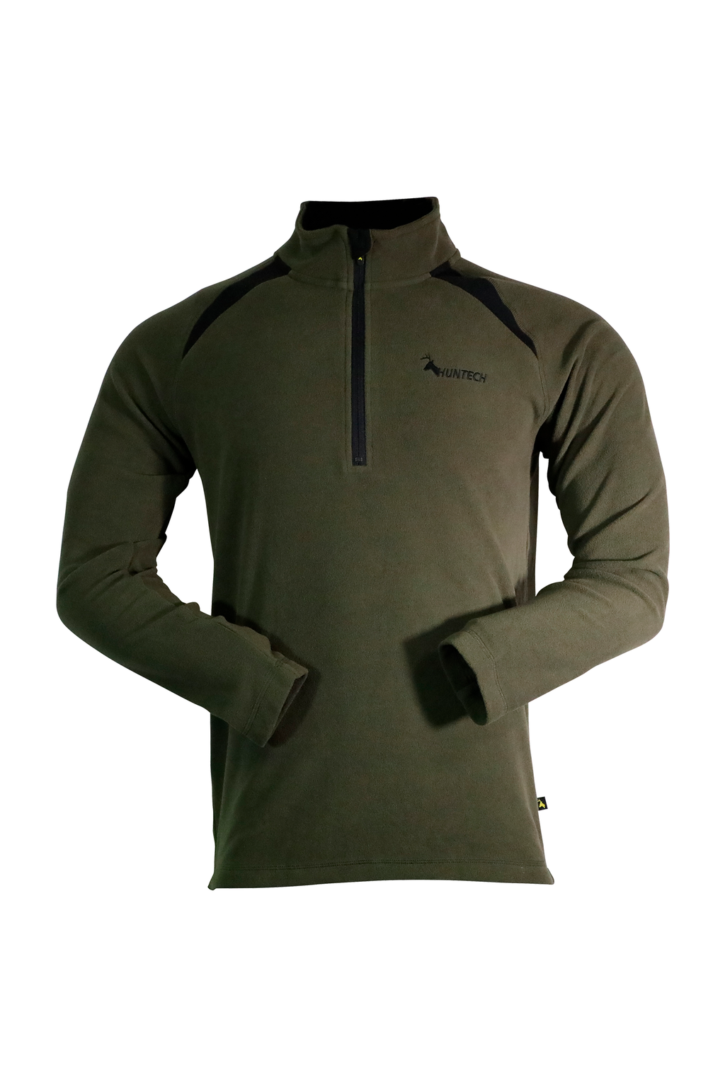 Front view of men’s long-sleeved top in 180gsm performance fleece, with flat locked seams for reinforcing. High collar has ¼ zip neck entry. Features Huntech logo in black on the left breast. Ships from Australia and is shown in military green.