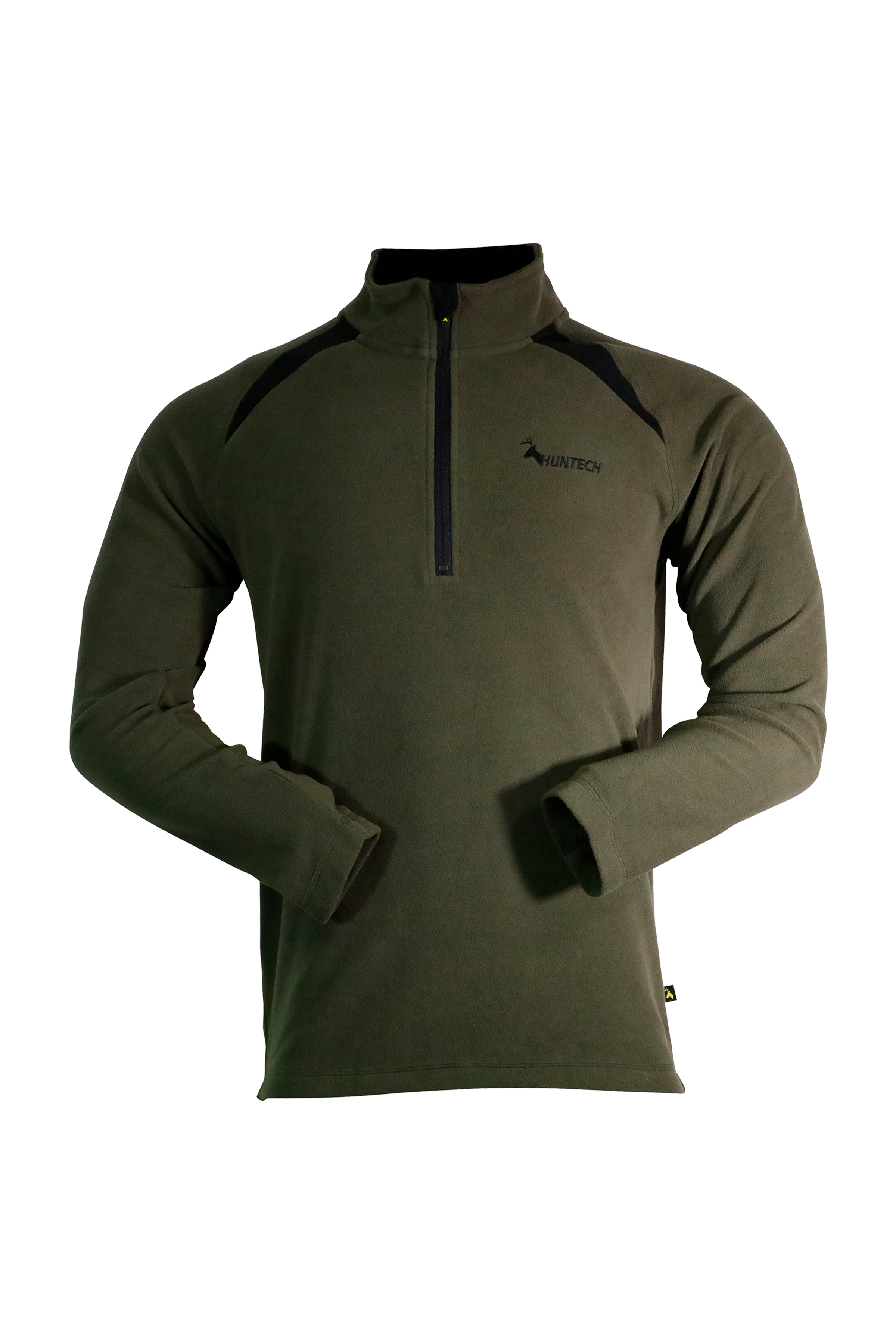 Front view of men’s long-sleeved top in 180gsm performance fleece, with flat locked seams for reinforcing. High collar has ¼ zip neck entry. Features Huntech logo in black on the left breast. Ships from Australia and is shown in military green.