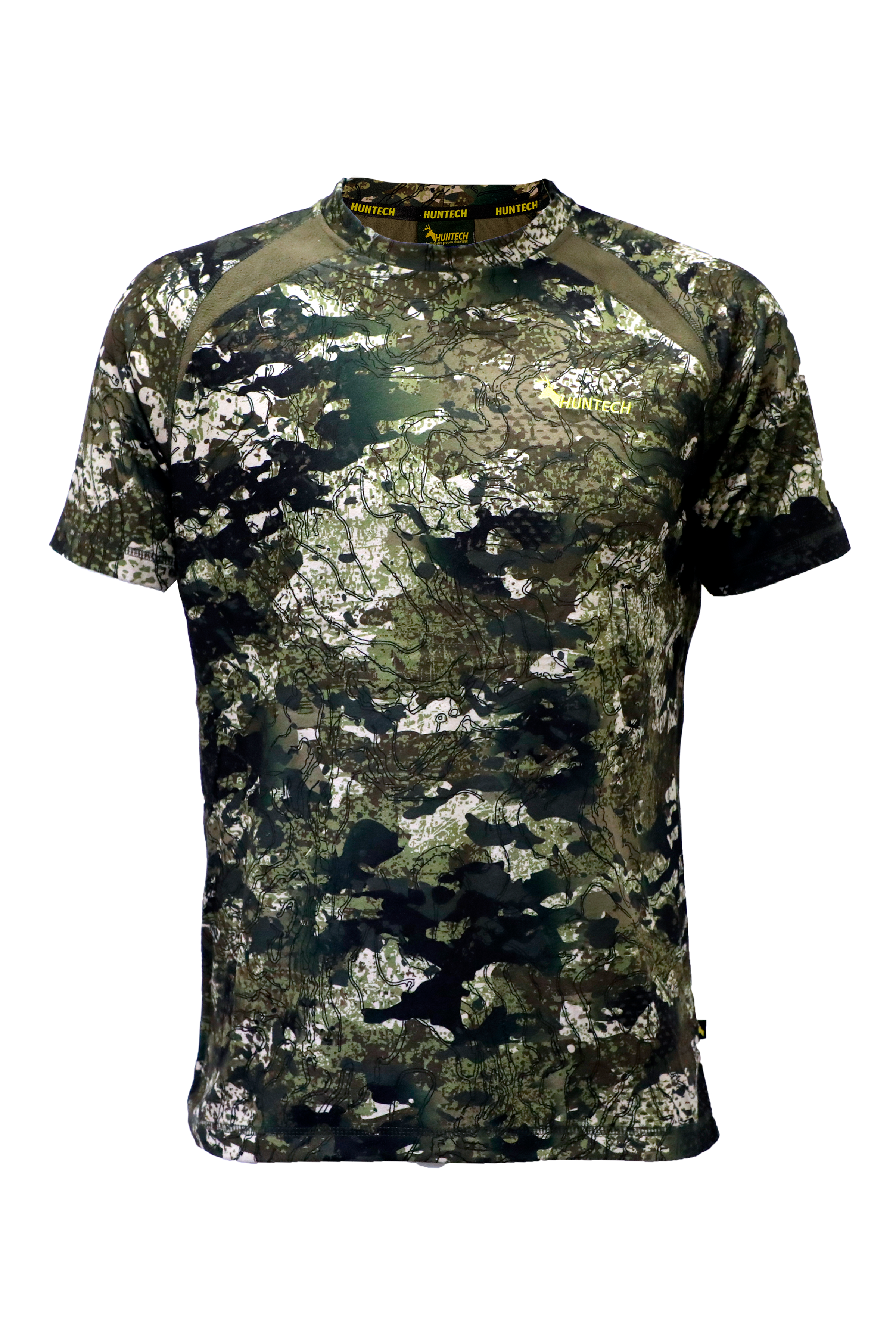 Front view of men’s crew neck, short-sleeved tee in 180gsm performance fleece, with flat locked seams for reinforcing. Features Huntech logo in yellow on the left breast. Ships from Australia and is shown in kakariki camo pattern.